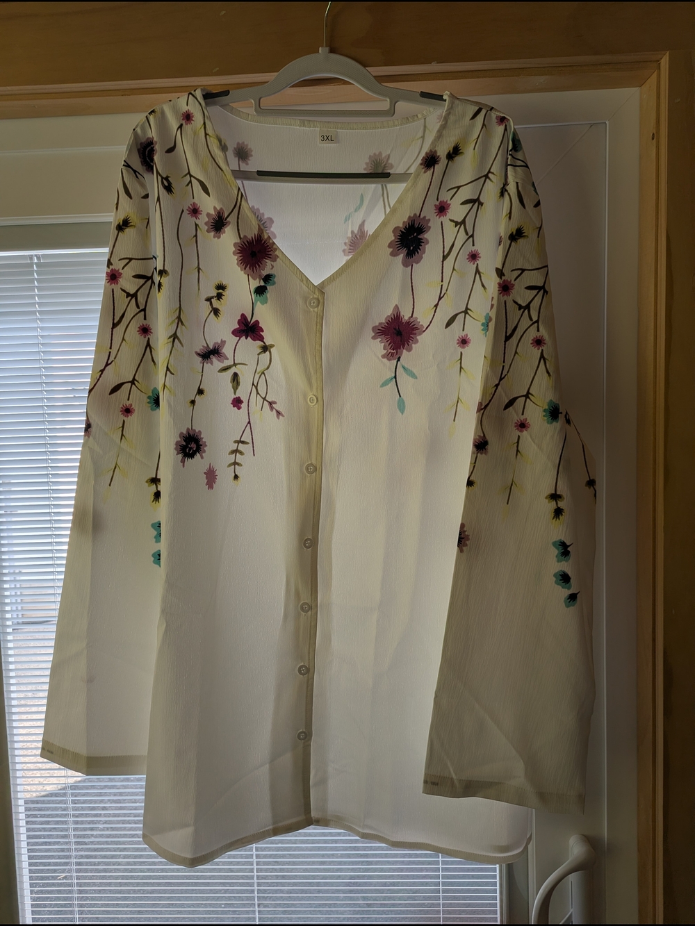 Floral V-Neck Button-Front Women’s Top - White with Pink & Teal Accents